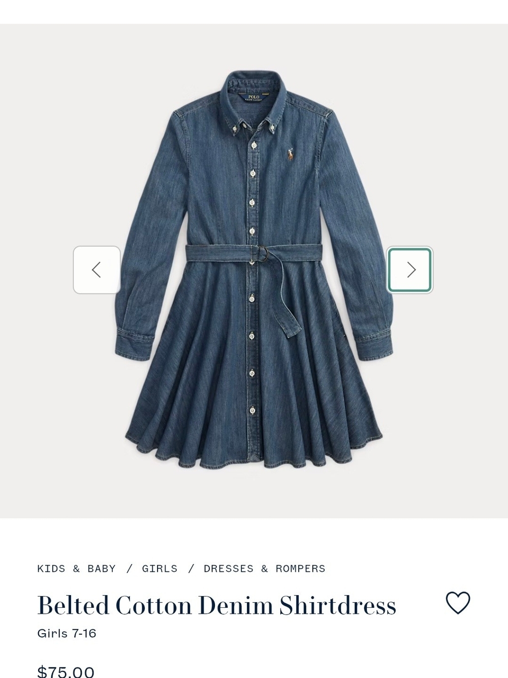 Ralph Lauren Girls' Belted Cotton Denim Shirtdress Sz 8